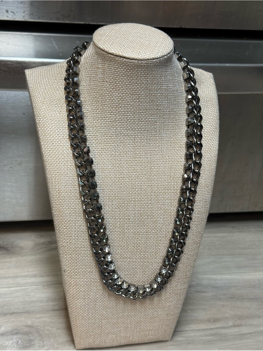 Thick gunmetal chain necklace curb link design accented w/faceted crystal stones